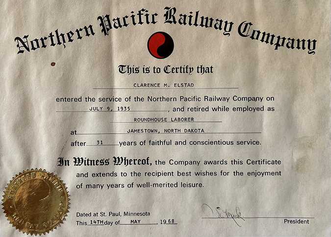 Clarence Elstad's retirement certificate.