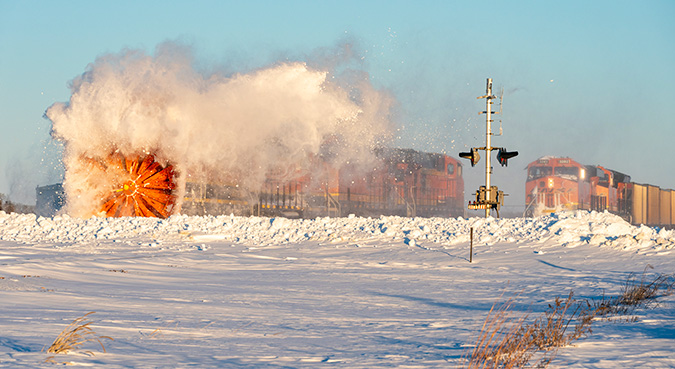 A rotary snow plow passes an empty coal train while clearing tracks on the Ravenna Subdivision.
